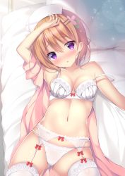 Rule 34 | 1girl, arm up, bare shoulders, bed, blush, bow, bow bra, bow panties, bra, breasts, brown hair, cleavage, commentary request, dress, garter belt, gluteal fold, gochuumon wa usagi desu ka?, hair between eyes, hair ornament, hairclip, hat, hoto cocoa, lace, lace-trimmed bra, lace-trimmed legwear, lace-trimmed panties, lace trim, lying, medium breasts, navel, nurse cap, on back, on bed, panties, parted lips, pillow, pink dress, purple eyes, red bow, shibainu niki, solo, strap slip, thighhighs, underwear, underwear only, white bra, white hat, white panties, white thighhighs