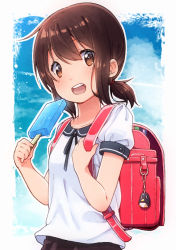 Rule 34 | 1girl, backpack, bag, bag charm, black sailor collar, blue sky, blush, brown eyes, brown hair, brown skirt, charm (object), cloud, cloudy sky, commentary request, day, food, fubuki (kancolle), hair between eyes, holding, holding food, jabittoson, kantai collection, looking at viewer, low ponytail, open mouth, pleated skirt, popsicle, puffy short sleeves, puffy sleeves, randoseru, round teeth, sailor collar, school uniform, serafuku, shirt, short sleeves, skirt, sky, solo, teeth, upper teeth only, white shirt