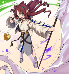Rule 34 | 1girl, absurdres, arknights, belt, brown belt, brown hair, commentary, commentary request, covered navel, crack, cracked floor, crop top, ear piercing, flag, full body, green eyes, grey socks, hands up, highres, holding, holding flag, jacket, multiple belts, myrtle (arknights), nzuwaiganin, one eye closed, open mouth, piercing, pointy ears, smile, socks, solo, tank top, tile floor, tiles, white flag, white footwear, white jacket