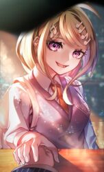 Rule 34 | 1boy, 1girl, :d, ahoge, akamatsu kaede, blonde hair, breasts, collared shirt, danganronpa (series), danganronpa v3: killing harmony, fortissimo, hair ornament, highres, holding hands, large breasts, long hair, lower teeth only, musical note, musical note hair ornament, necktie, nota sayaka, open mouth, orange necktie, pink eyes, pink sweater vest, pov, saihara shuichi, shirt, smile, solo focus, sweater vest, table, teeth, white shirt