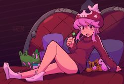 Rule 34 | 1girl, :o, bacun, bare legs, breasts, candy, commentary, crocodilian, english commentary, food, full body, hat, highres, holding, holding candy, holding food, holding lollipop, indoors, jakuzure nonon, kill la kill, lollipop, looking at viewer, medium breasts, pink eyes, pink hair, red sweater, rubik&#039;s cube, short hair with long locks, sidelocks, sitting, skull print, solo, sweater, turtleneck, turtleneck sweater, white footwear
