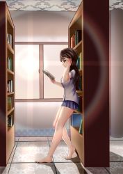 Rule 34 | 1girl, absurdres, bad id, bad pixiv id, bare legs, barefoot, blue skirt, book, bookshelf, breasts, brown hair, from side, full body, green eyes, grey shirt, hand in own hair, highres, indoors, leaning on object, lens flare, library, light smile, long hair, looking down, medium breasts, microskirt, nearoul kishi, open book, original, pleated skirt, profile, reading, school uniform, shirt, short sleeves, skirt, solo, sun, tile floor, tiles, untucked shirt, window