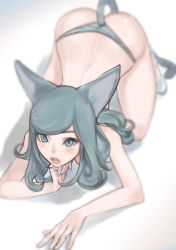 Rule 34 | 1girl, all fours, animal ears, ass, black hair, blue eyes, blue hair, breasts, head rest, dytm, fake tail, from above, grey eyes, grey hair, hanging breasts, highres, lips, long hair, looking at viewer, medium breasts, original, parted lips, solo, tail, thong, topless
