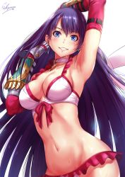 Rule 34 | 1girl, arm up, armpits, bikini, blue eyes, blush, breasts, choker, cleavage, collarbone, commentary request, cowboy shot, cross, cross choker, earrings, elbow gloves, fate/grand order, fate (series), frilled bikini, frills, gauntlets, gloves, grin, groin, hand in own hair, highres, hip focus, jewelry, large breasts, long hair, looking at viewer, martha (fate), martha (swimsuit ruler) (fate), martha (swimsuit ruler) (third ascension) (fate), navel, purple hair, red gloves, sakiyamama, simple background, skindentation, sky, smile, solo, sparkle, stomach, swimsuit, wet, white background, white bikini