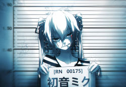 Rule 34 | 1girl, :p, blood, chain, character name, earrings, hatsune miku, head tilt, height chart, holding, holding sign, jewelry, long hair, monochrome, mugshot, qys3, scar, scar across eye, scar on face, shirt, sign, solo, striped clothes, striped shirt, tongue, tongue out, twintails, vocaloid
