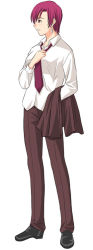 Rule 34 | 00s, 1girl, adjusting clothes, bazett fraga mcremitz, dress shirt, earrings, fate/hollow ataraxia, fate/stay night, fate (series), formal, full body, jacket, jewelry, looking away, necktie, pant suit, pants, red hair, shirt, shoes, short hair, simple background, solo, standing, suit, suit jacket, toshibou (satsukisou), white background, white shirt