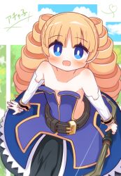 Rule 34 | 1girl, :d, absurdres, archer (disgaea), bare shoulders, blonde hair, blue dress, blue eyes, blue sky, blush, bow (weapon), breasts, cloud, collarbone, commentary request, day, detached sleeves, disgaea, dress, drill hair, highres, holding, holding bow (weapon), holding weapon, long hair, long sleeves, looking at viewer, makai senki disgaea, open mouth, sky, small breasts, smile, solo, strapless, strapless dress, translation request, twin drills, twintails, very long hair, weapon, white sleeves, yuya090602