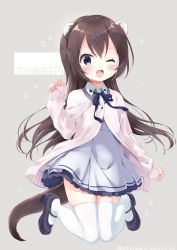 Rule 34 | 1girl, ;d, absurdres, animal ears, black bow, black footwear, blue ribbon, blush, bow, brown hair, cardigan, commentary request, dress, fang, fingernails, grey background, grey dress, hair between eyes, hair bow, hand up, highres, long sleeves, looking at viewer, mary janes, neck ribbon, neki (wakiko), one eye closed, open mouth, original, pleated dress, purple eyes, ribbon, shoes, sleeves past wrists, smile, solo, tail, thighhighs, twitter username, white cardigan, white thighhighs