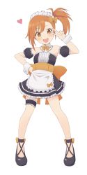 Rule 34 | 1girl, :d, absurdres, alternate costume, detached collar, detached sleeves, durandal (kei), enmaided, frills, full body, hand on own hip, heart, highres, maid, maid headdress, misogi (princess connect!), open mouth, orange hair, princess connect!, princess connect!, puffy short sleeves, puffy sleeves, short sleeves, side ponytail, smile, solo, strapless, v over eye, white background, wrist cuffs, yellow eyes