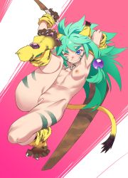 Rule 34 | 1girl, absurdres, animal ears, animal hands, armpits, bar censor, blue eyes, boomerang, breasts, censored, cham cham, claws, facial mark, female focus, full body, gloves, green hair, highres, jewelry, jumping, necklace, nipples, one eye closed, paw gloves, paw shoes, pussy, samurai spirits, shirou, small breasts, smile, solo, tail, tiger ears, tiger tail