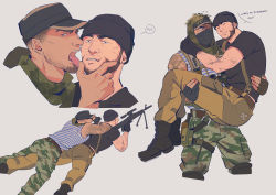 Rule 34 | 2boys, arm tattoo, bara, belt, black gloves, black shirt, boots, brown belt, camouflage, camouflage pants, carrying, carrying person, closed mouth, couple, covered mouth, closed eyes, facial hair, fingerless gloves, glaz (rainbow six siege), gloves, gun, hat, highres, holding, holding gun, holding weapon, kapkan (rainbow six siege), levasoj, licking, licking another&#039;s face, lying, lying on person, military hat, multiple boys, multiple views, muscular, muscular male, on person, on stomach, open mouth, pants, princess carry, rainbow six siege, shirt, short hair, smile, tank top, tattoo, tongue, tongue out, very short hair, weapon, yaoi