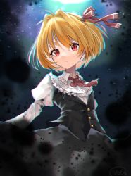 Rule 34 | 1girl, black skirt, black vest, blonde hair, chromatic aberration, commentary request, cowboy shot, darkness, hair intakes, hair ribbon, highres, juliet sleeves, long sleeves, looking at viewer, neck ribbon, puffy sleeves, red eyes, red ribbon, ribbon, rumia, shirt, shisakugata, short hair, skirt, solo, star (sky), star (symbol), starry background, touhou, vest, white shirt