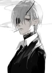 Rule 34 | 1girl, 3367e, black choker, black jacket, black necktie, chainsaw man, choker, cigarette, collared shirt, ear piercing, expressionless, eyepatch, from side, grey eyes, grey hair, greyscale, highres, jacket, lace-trimmed choker, lace trim, long hair, looking at viewer, monochrome, necktie, one eye covered, piercing, portrait, quanxi (chainsaw man), shirt, simple background, sketch, smoke, smoking, solo, white background, white shirt