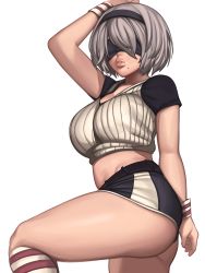 Rule 34 | 1girl, 2b (nier:automata), absurdres, alternate costume, alternate legwear, arm up, ass, black blindfold, black hairband, blindfold, breasts, covered eyes, crop top, hairband, highres, kevbot, kneehighs, large breasts, leg up, lips, looking at viewer, mole, mole under mouth, nier:automata, nier (series), nose, raglan sleeves, shirt, short shorts, shorts, silver hair, socks, solo, sportswear, striped clothes, striped socks, sweatband, t-shirt, thick thighs, thighs, white background, wristband