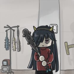 Rule 34 | 1girl, baseball bat, black hair, brown eyes, club, club (weapon), cone horns, ferret-san, hair over one eye, hayashimo (kancolle), holding club, horns, kanabou, kantai collection, long hair, looking at viewer, nail, nail bat, official alternate costume, red sweater, solo, spiked club, standing, sweater, television, weapon