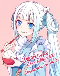 Rule 34 | 1girl, apron, aqua kimono, aqua ribbon, azaka (pipponao), blue eyes, blue hair, blunt bangs, bowl, chewing, chopsticks, closed mouth, commentary, eating, english text, food, food on face, frilled apron, frills, gradient hair, hair ribbon, hair rings, hatsune miku, holding, holding bowl, holding chopsticks, japanese clothes, kappougi, kimono, light blue hair, long hair, looking at viewer, mixed-language text, multicolored hair, multilingual, pink background, ribbon, rice, rice (plant), rice bowl, rice on face, solo, twintails, upper body, very long hair, vocaloid, white apron, white hair, yuki miku, yuki miku (2024) (candidate no.3)