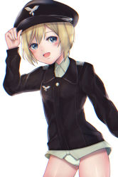 Rule 34 | 1girl, artist request, black shirt, blonde hair, blush, bob cut, breasts, erica hartmann, hat, insignia, looking at viewer, military, military uniform, no pants, open mouth, panties, peaked cap, shirt, short hair, small breasts, strike witches, underwear, uniform, white panties, world witches series