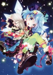 Rule 34 | 1girl, absurdres, alternate costume, badge, blue eyes, blue hair, blush, bow, chain, cirno, colorful, dress, earrings, green thighhighs, hair ribbon, highres, ice, ice wings, jewelry, matching hair/eyes, microphone stand, mottsun, open mouth, ribbon, scan, short hair, smile, solo, star (sky), star (symbol), thighhighs, touhou, wings