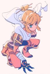 Rule 34 | 1boy, arm support, blonde hair, boots, bright pupils, closed mouth, earrings, floating scarf, full body, gloves, green eyes, hair ornament, hair stick, half updo, hand up, highres, jewelry, link, male focus, nintendo, oharu-chan, orange footwear, pointy ears, scarf, sidelocks, simple background, solo, squatting, the legend of zelda, thigh boots, white background, white pupils, white scarf