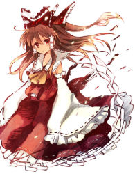 Rule 34 | 1girl, ascot, bow, brown hair, detached sleeves, female focus, gohei, hair between eyes, hair bow, hakurei reimu, hara yui, japanese clothes, long hair, miko, red eyes, simple background, sleeves past wrists, solo, touhou, wide sleeves, yellow ascot