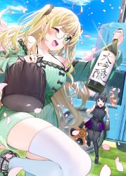 Rule 34 | 2girls, ;d, ahoge, bare shoulders, black footwear, black shirt, black skirt, black thighhighs, blonde hair, blue sky, bottle, breasts, chikuwa., cleavage, cloud, collarbone, commentary request, cookie hair ornament, day, dress, food-themed hair ornament, glasses, green dress, green eyes, green footwear, green hair, hair ornament, highres, holding, holding bottle, lightning bolt symbol, long hair, long sleeves, looking at viewer, medium breasts, multicolored hair, multiple girls, off-shoulder dress, off shoulder, one eye closed, open mouth, original, outdoors, petals, pleated skirt, round eyewear, shirt, shoes, skirt, sky, sleeveless, sleeveless shirt, smile, solo focus, standing, standing on one leg, streaked hair, thighhighs, two side up, upper body, vehicle request, white thighhighs