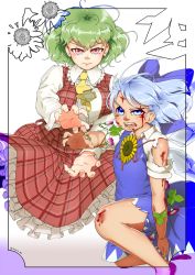 Rule 34 | &gt;:(, 2girls, arm at side, blood, blood on face, blouse, blue dress, blue eyes, blue hair, bow, cirno, collar, dragon ball, dragonball z, dress, father-son kamehameha, flower, frilled collar, frilled skirt, frilled sleeves, frills, frown, green hair, hair bow, hand up, hands up, hidden star in four seasons, highres, ice, ice wings, kamehameha (dragon ball), kazami yuuka, kissin 83, long sleeves, looking at viewer, multiple girls, necktie, open mouth, parody, plaid, plaid skirt, plaid vest, plant, puffy short sleeves, puffy sleeves, red eyes, shirt, short hair, short sleeves, skirt, skirt set, sunflower, tan, tanned cirno, torn clothes, torn dress, torn sleeves, touhou, v-shaped eyebrows, vest, vines, wing collar, wings