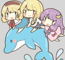 Rule 34 | 3girls, :d, :o, alice margatroid, barefoot, black dress, blonde hair, blue bow, blue dress, blue eyes, blush stickers, bow, braid, brown eyes, capelet, chibi, closed mouth, comiket 102, commentary request, crescent, crescent hair ornament, dolphin, dress, dress bow, frilled dress, frilled hairband, frills, grey background, hair bow, hair ornament, hairband, kagome f, kirisame marisa, long hair, multiple girls, neck ribbon, no headwear, open mouth, patchouli knowledge, pink dress, purple hair, red bow, red hairband, red ribbon, ribbon, riding, short hair, simple background, smile, touhou, white bow