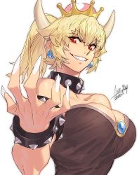 Rule 34 | 1girl, azusa (hws), bare shoulders, black dress, blonde hair, bowsette, breasts, cleavage, collar, dress, fingernails, gem, grin, horns, large breasts, long fingernails, long hair, looking at viewer, mario (series), nail polish, new super mario bros. u deluxe, nintendo, red eyes, sharp fingernails, simple background, smile, solo, spiked collar, spikes, super crown, upper body, white background, white nails