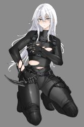 Rule 34 | 1girl, absurdres, black bodysuit, bodysuit, breasts, covering breasts, covering privates, fuku (fuku12290574), grey eyes, highres, holding, holding knife, knife, long hair, looking at viewer, medium breasts, military, original, skin tight, solo, torn bodysuit, torn clothes, white hair