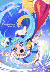 Rule 34 | 1girl, ahoge, blue eyes, blue hair, blue skirt, brooch, cape, commentary, cure sky, detached sleeves, earrings, fingerless gloves, gloves, gradient hair, highres, hirogaru sky! precure, jewelry, magical girl, multicolored hair, open mouth, oshiri (o4ritarou), precure, puffy detached sleeves, puffy sleeves, single earring, single sidelock, skirt, solo, sora harewataru, twintails, two-sided cape, two-sided fabric, white gloves, wing brooch, wing hair ornament