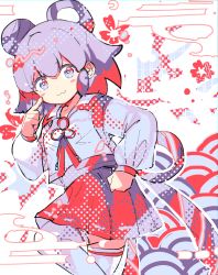 Rule 34 | 1girl, :3, akanbe, blush stickers, bow, collared shirt, cowboy shot, double bun, eyelid pull, finger to eye, hair bun, halftone, halftone background, halftone texture, highres, kujikimi, limited palette, long sleeves, original, pleated skirt, purple eyes, purple hair, red skirt, shirt, short hair, skirt, solo, standing, standing on one leg, thighhighs, tongue, tongue out, waist bow, white background, white shirt