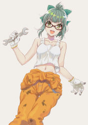 Rule 34 | 1girl, alternate costume, bare shoulders, bespectacled, bow, collarbone, dirty, dirty clothes, glasses, gloves, green eyes, green hair, hair bow, highres, holding, holding wrench, jumpsuit, kantai collection, looking at viewer, midriff, navel, open mouth, orange jumpsuit, ponytail, same no fukahire, simple background, solo, tank top, white gloves, wrench, yuubari (kancolle)