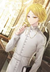 Rule 34 | 1boy, alternate color, arm up, bible (object), blonde hair, book, buttons, cassock, closed mouth, collar, cross, cross necklace, day, feathers, haikyuu!!, hemoon, holding, holding book, holding cross, indoors, jewelry, kozume kenma, long sleeves, looking at viewer, male focus, necklace, parted bangs, pendant, priest, sash, short hair, solo, standing, turtleneck, white feathers, white sash, window, yellow eyes