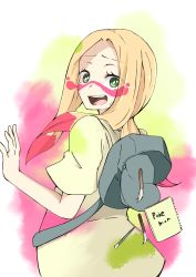 Rule 34 | 1girl, :d, alternate eye color, backpack, bad id, bad pixiv id, bag, bare arms, blonde hair, bright pupils, creatures (company), eyelashes, eyes visible through hair, facepaint, from behind, game freak, green eyes, highres, long hair, looking at viewer, looking back, low ponytail, mina (pokemon), nintendo, notepad, open mouth, oshan, osyannn (sarakazu 0915), oversized clothes, oversized shirt, paint, paintbrush, pokemon, pokemon sm, raised eyebrows, shirt, short sleeves, smile, solo, standing, sweat, teeth, tongue, trial captain, yellow shirt