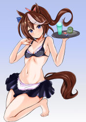 Rule 34 | 1girl, alternate costume, animal ears, bare shoulders, barefoot, bikini, bikini skirt, blue eyes, blush, bow, breasts, brown hair, candy, closed mouth, collarbone, commentary request, cup, drinking straw, ear ornament, food, foot out of frame, gradient background, hair between eyes, highres, holding, holding tray, horse ears, horse girl, horse tail, long hair, looking at viewer, maid, maid bikini, multicolored hair, navel, pink bow, small breasts, smile, solo, streaked hair, swimsuit, tail, tokai teio (umamusume), tray, umamusume, unconventional maid, vandy76, white hair