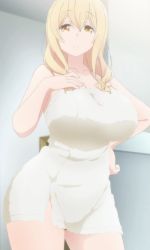 Rule 34 | 10s, 1girl, blonde hair, breasts, collarbone, female focus, highres, huge breasts, long hair, looking at viewer, naked towel, screencap, smile, solo, stitched, sunohara ayaka, sunoharasou no kanrinin-san, third-party edit, towel