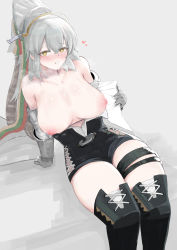 Rule 34 | 1girl, absurdres, arknights, arm support, bare shoulders, black footwear, black shorts, blush, boots, breasts, breasts apart, brown eyes, collarbone, fartooth (arknights), feet out of frame, gauntlets, grey background, grey hair, heart, high-waist shorts, highres, inverted nipples, large breasts, leaning back, long hair, looking at viewer, machan, nipples, off shoulder, open clothes, open shirt, parted lips, ponytail, shirt, shorts, simple background, sitting, solo, steaming body, thigh boots, thigh strap, topless, undressing, visor (armor), white shirt