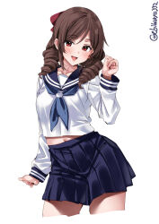 Rule 34 | 1girl, blue neckerchief, blue skirt, blush, bow, breasts, brown hair, cropped legs, drill hair, ebifurya, hair between eyes, hair bow, harukaze (kancolle), highres, kantai collection, long sleeves, looking at viewer, medium breasts, navel, neckerchief, one-hour drawing challenge, open mouth, pleated skirt, red eyes, sailor collar, school uniform, shirt, simple background, skirt, smile, solo, thighs, twin drills, twitter username, white background, white shirt
