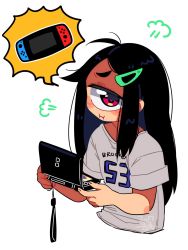 Rule 34 | 1girl, :i, :t, puff of air, ahoge, black hair, blush stickers, closed mouth, clothes writing, cropped torso, cyclops, dated, fingernails, grey background, hair ornament, hairclip, handheld game console, highres, holding, holding handheld game console, long hair, looking at viewer, muku-chan (muroku), muroku (aimichiyo0526), nintendo ds, nintendo switch, one-eyed, original, pout, red eyes, short sleeves, signature, simple background, solo, spoken object, upper body, white background, x x