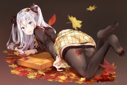 Rule 34 | 1girl, absurdres, ass, autumn leaves, bag, black pantyhose, black ribbon, blazer, blue eyes, blue panties, blush, bow, bowtie, braid, brown jacket, clothes lift, clothes pull, commentary request, embarrassed, feet up, hair between eyes, hair ribbon, highres, jacket, long hair, long sleeves, looking at viewer, looking back, no shoes, on ground, open mouth, original, panties, pantyhose, pantyhose pull, pleated skirt, ribbon, school bag, shirt, sidelocks, silver hair, skirt, skirt lift, solo, thighband pantyhose, two side up, underwear, white shirt, yellow bow, yellow bowtie, yellow skirt, yoshida iyo