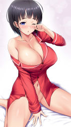 Rule 34 | 1girl, alternate breast size, areola slip, bare shoulders, black hair, blouse, blue eyes, blush, bottomless, breasts, buttons, cleavage, collarbone, feet out of frame, hand up, highres, huge breasts, kawase seiki, kirigaya suguha, large breasts, long sleeves, looking at viewer, navel, no panties, no pants, on bed, one eye closed, open clothes, open mouth, open shirt, parted lips, red shirt, shiny skin, shirt, short hair, sitting, sleepy, solo, stomach, sword art online, t-shirt, thighs