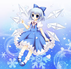Rule 34 | 1girl, absurdres, bad id, bad pixiv id, blue dress, blue eyes, blue hair, blush, bow, cirno, dress, female focus, full body, gradient background, hair bow, heart, highres, kouta., matching hair/eyes, open mouth, shirt, short hair, smile, snowflakes, solo, touhou, white background, wings