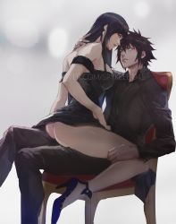 Rule 34 | 1boy, 1girl, ass, bare legs, black dress, black hair, black pants, black shirt, blue eyes, breasts, chair, couple, crossover, dress, final fantasy, final fantasy vii, final fantasy xv, full body, grey background, hair between eyes, hand on, hand on another&#039;s neck, hand on own thigh, hetero, high heels, highres, large breasts, long hair, long sleeves, noctis lucis caelum, pants, parted lips, red eyes, shirt, short dress, short hair, sitting, spiked hair, spykeee, straddling, strap slip, tifa lockhart, upright straddle