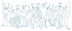 Rule 34 | 2016, 6+boys, 6+girls, ahoge, aizawa asahi (unbalance), apron, arms behind back, artist name, bald, bare shoulders, boots, breasts, cargo pants, character name, character request, crossed arms, dated, everyone, greyscale, grin, height chart, high heel boots, high heels, highres, large breasts, lita (unbalance), long sleeves, miko (unbalance), monochrome, multiple boys, multiple girls, navel, old, old man, one eye closed, original, otokomaene-san (unbalance), pants, pencil skirt, short hair, shorts, side slit, skirt, sleeveless, smile, tank top, thighhighs, thong, translation request, ugly man, umekichi (unbalance), unbalance, v, wrinkled skin