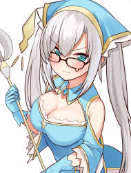 Rule 34 | 1girl, :3, absurdres, ars almal, blue eyes, blue gloves, blush, breasts, choco tanuki, cleavage, cleavage cutout, closed mouth, clothing cutout, glasses, gloves, highres, large breasts, long hair, looking at viewer, nijisanji, silver hair, smile, solo, twintails, virtual youtuber
