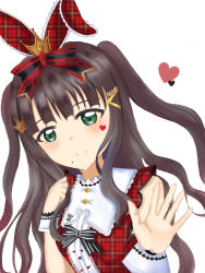 Rule 34 | 1girl, animal ears, artist name, artist request, bare shoulders, black bow, black hair, blush, bow, buttons, crown hair ornament, dress, female focus, frilled dress, frills, green eyes, heart, heart tattoo, kurosawa dia, long hair, looking at viewer, love live!, love live! school idol festival, love live! sunshine!!, mole, mole under mouth, parted lips, ponytail, rabbit ears, red dress, ruuuu111117, ruuuu111117 (pixiv 28338018), solo, striped, striped bow, tattoo, very long hair, white background, wrist cuffs