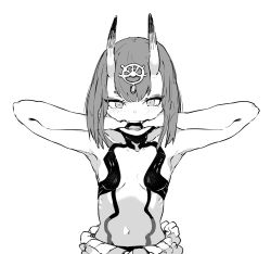 Rule 34 | 1girl, bare arms, bare shoulders, blush, breasts, ddari, fate/grand order, fate (series), finger in own mouth, greyscale, hands up, headpiece, highres, horns, looking at viewer, monochrome, navel, open mouth, short hair, shuten douji (fate), simple background, skin-covered horns, small breasts, solo, upper body, white background