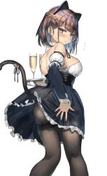 Rule 34 | 1girl, alcohol, animal ears, ass, bell, blue hair, breasts, brown eyes, brown pantyhose, cat ears, cat tail, champagne, champagne flute, cleavage, cup, detached sleeves, drinking glass, fake animal ears, fake tail, from behind, highres, holding, holding plate, looking at viewer, looking back, maid, medium breasts, original, pantyhose, plate, ranf, short hair, sideboob, solo, standing, tail, tail bell, tail ornament