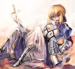 Rule 34 | 1girl, armor, armored dress, artoria pendragon (all), artoria pendragon (fate), blonde hair, blood, blood on face, blue ribbon, braid, braided bun, fate/stay night, fate (series), faulds, gauntlets, green eyes, hair between eyes, hair bun, hair ribbon, holding, holding sword, holding weapon, lowres, open mouth, ribbon, saber (fate), shida (xwheel), short hair, simple background, skirt, solo, sword, weapon, white background, white skirt