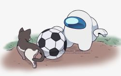 Rule 34 | among us, ball, brown fur, cat, commentary request, crewmate (among us), disembodied limb, grass, grey background, kiman, multicolored fur, rayman limbs, soccer ball, soil, spacesuit, twitter username, watermark, whiskers, white (among us)